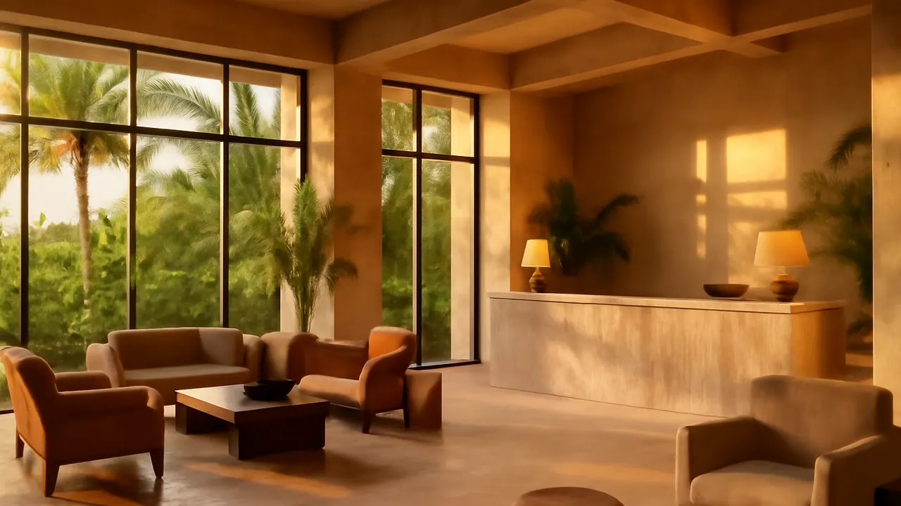 Interior of a luxury hotel in Punta Cana with cream travertine finishes and visible native vegetation