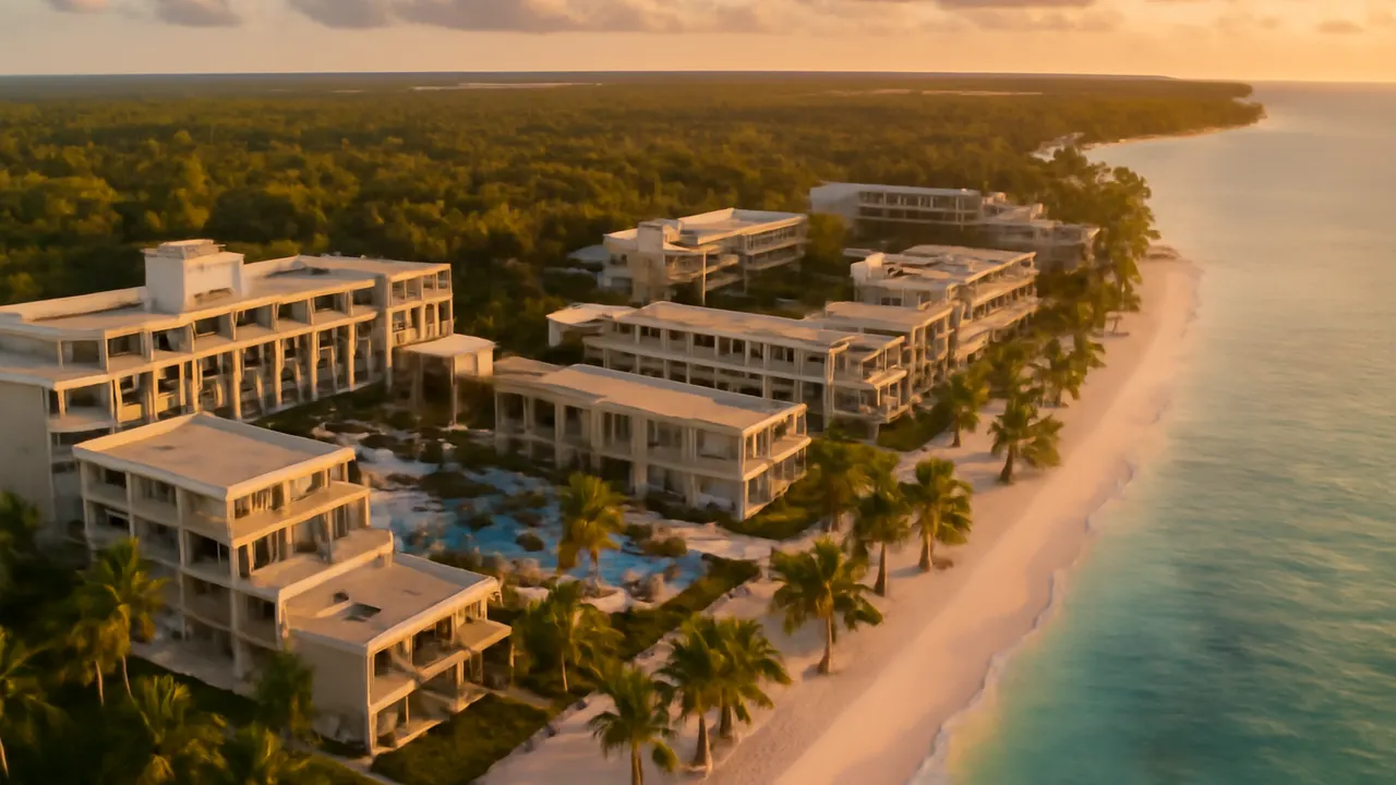 Aerial view of hotel infrastructure and air connectivity in Punta Cana with Caribbean architectural elements