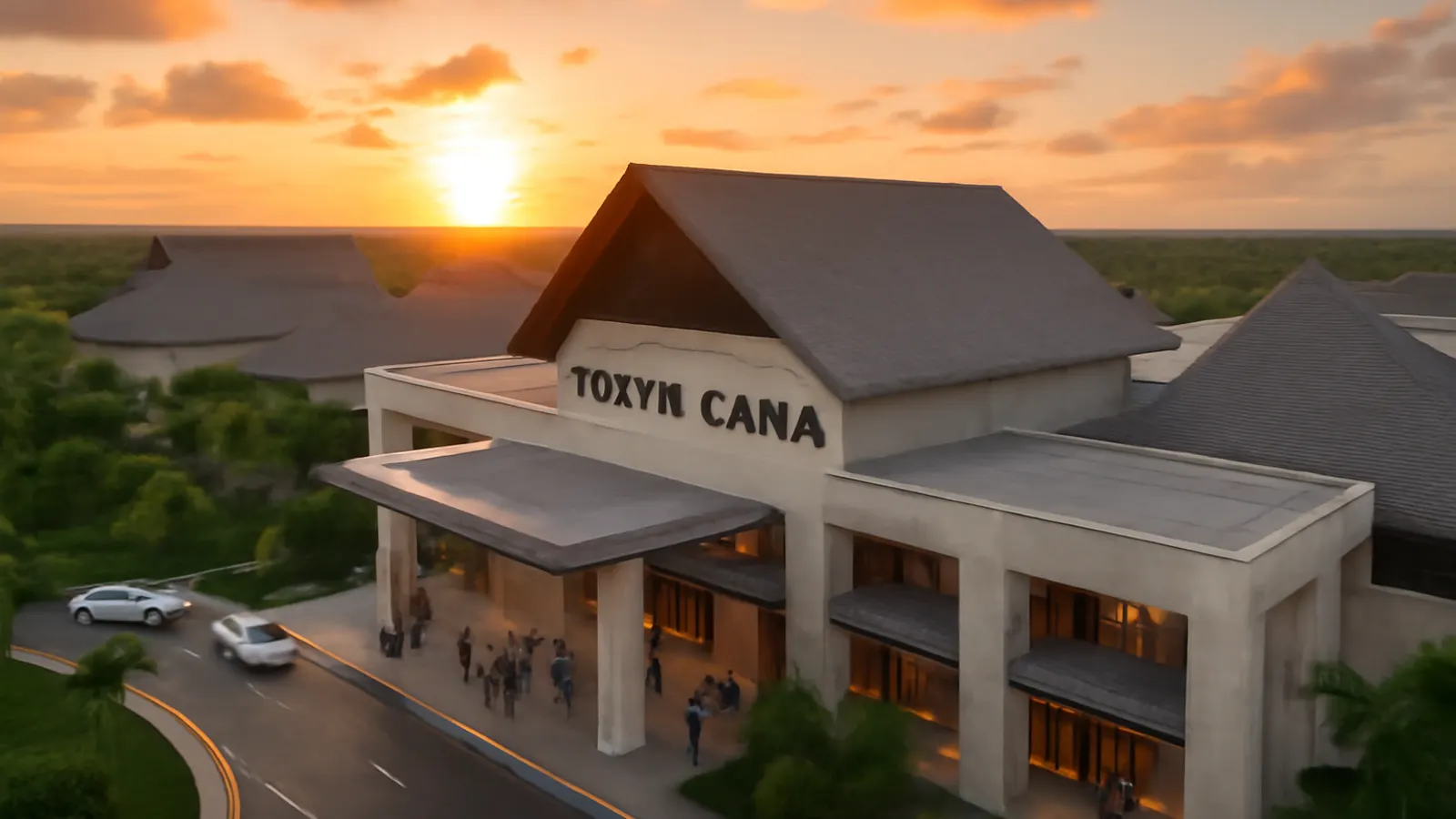 Aerial view of Punta Cana airport at sunset with native vegetation and luxury Caribbean architecture