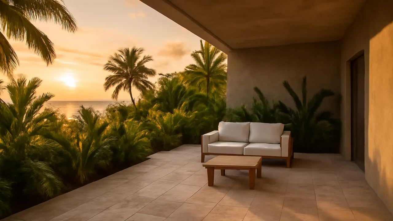 Terraza de alquiler vacacional en Punta Cana con travertino crema, hormigón visto y vegetación autóctona bajo luz de atardecer, representando el panorama actual del alquiler vacacional