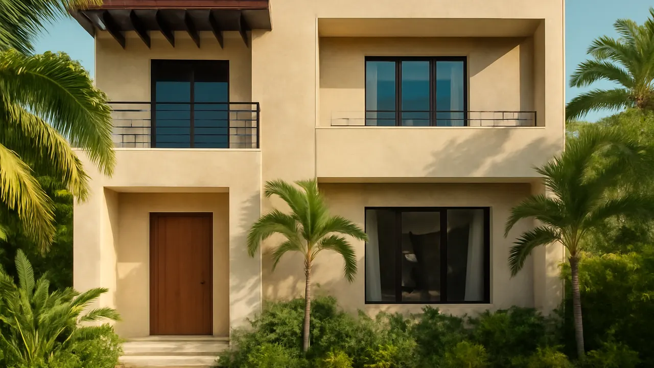 Fachada de villa caribeña moderna en Punta Cana con travertino crema y hormigón visto, rodeada de vegetación autóctona, ilustrando la gestión eficiente del alquiler vacacional en República Dominicana
