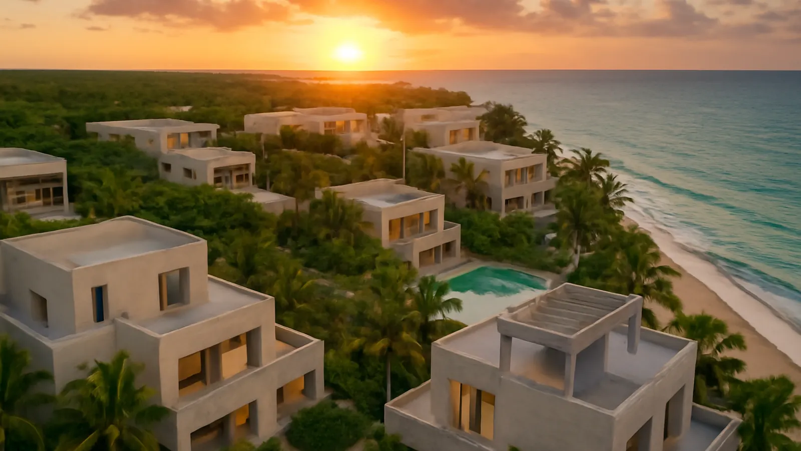 Aerial view of a luxury Caribbean resort in Punta Cana at sunset with cream travertine architecture and exposed concrete, native vegetation, and warm light illustrating vacation rentals in Punta Cana