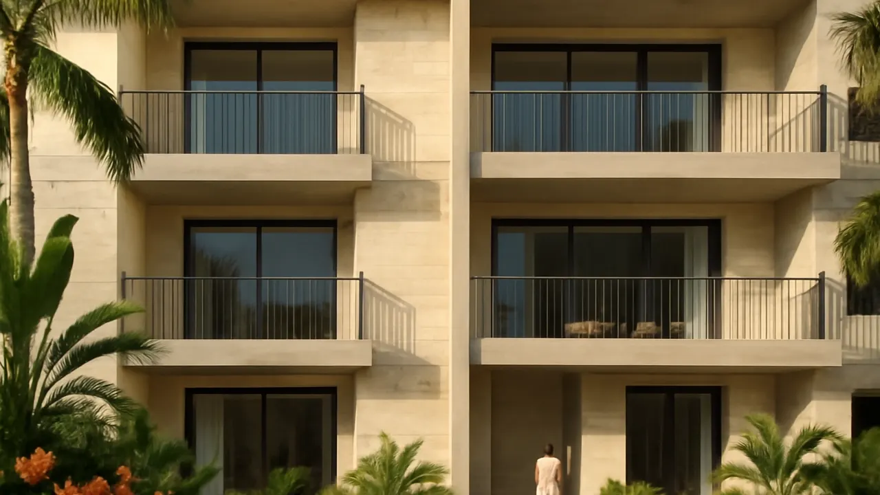 Modern residential building facade in Punta Cana with cream travertine and exposed concrete details, surrounded by native vegetation, representing the economic and tourism outlook for investors