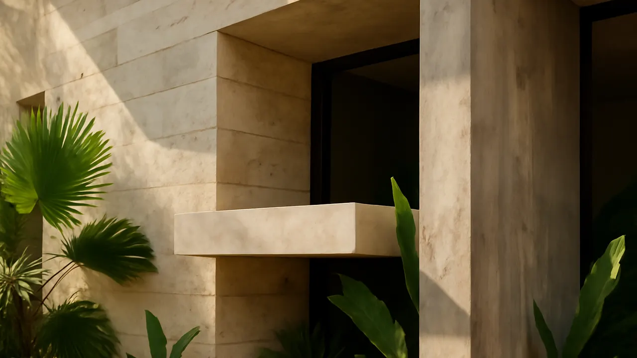Architectural detail of a luxury property in Punta Cana with travertine and exposed concrete surfaces, accompanied by native vegetation, illustrating requirements and conditions for foreign loans