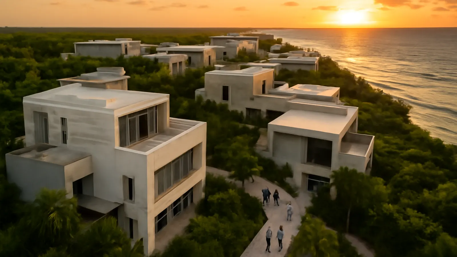 Aerial view of a luxury residential area in Punta Cana at sunset with cream travertine and exposed concrete architecture, surrounded by native vegetation, ideal image for non-resident investors