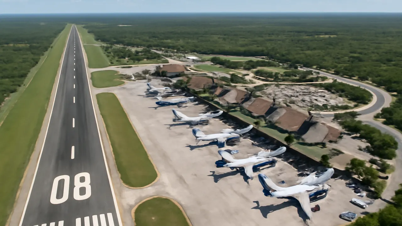 Aerial view of Punta Cana International Airport with runways and terminals, showing key infrastructure for the real estate market
