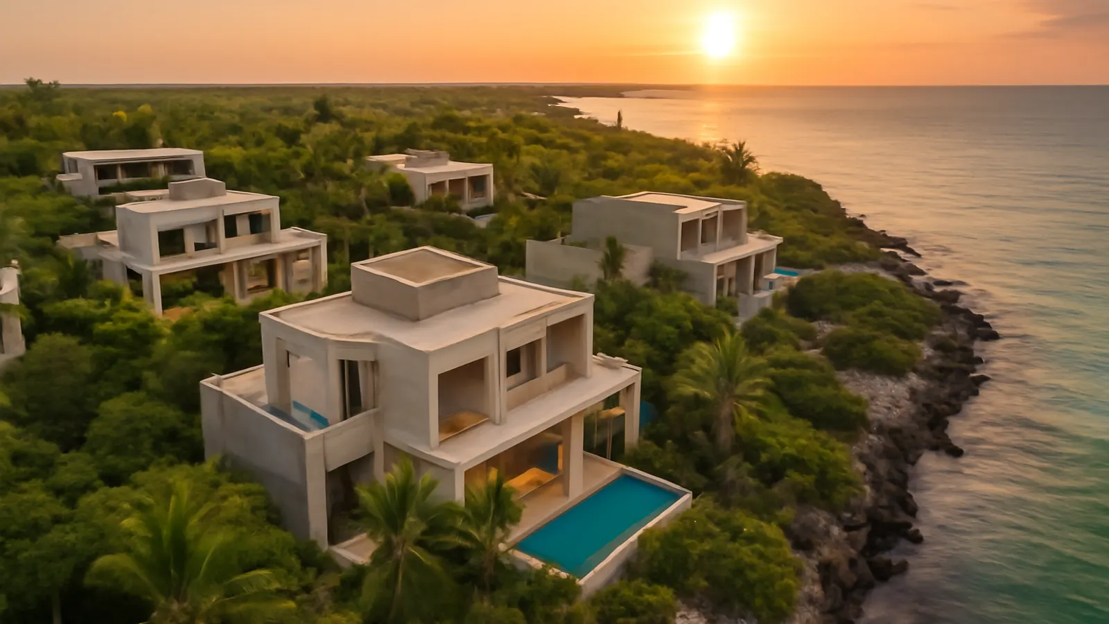 Aerial view of luxury real estate in Punta Cana at sunset, featuring cream travertine architecture and exposed concrete surrounded by native vegetation