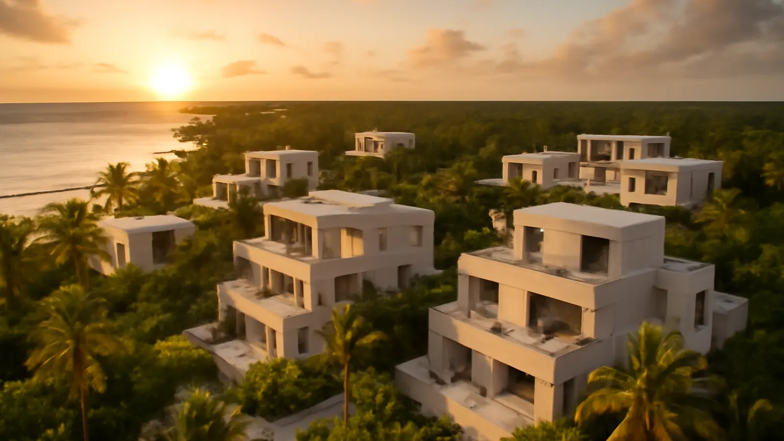Aerial view of a luxury real estate development in the Caribbean with cream travertine architecture and exposed concrete, native vegetation, and warm sunset light in Punta Cana