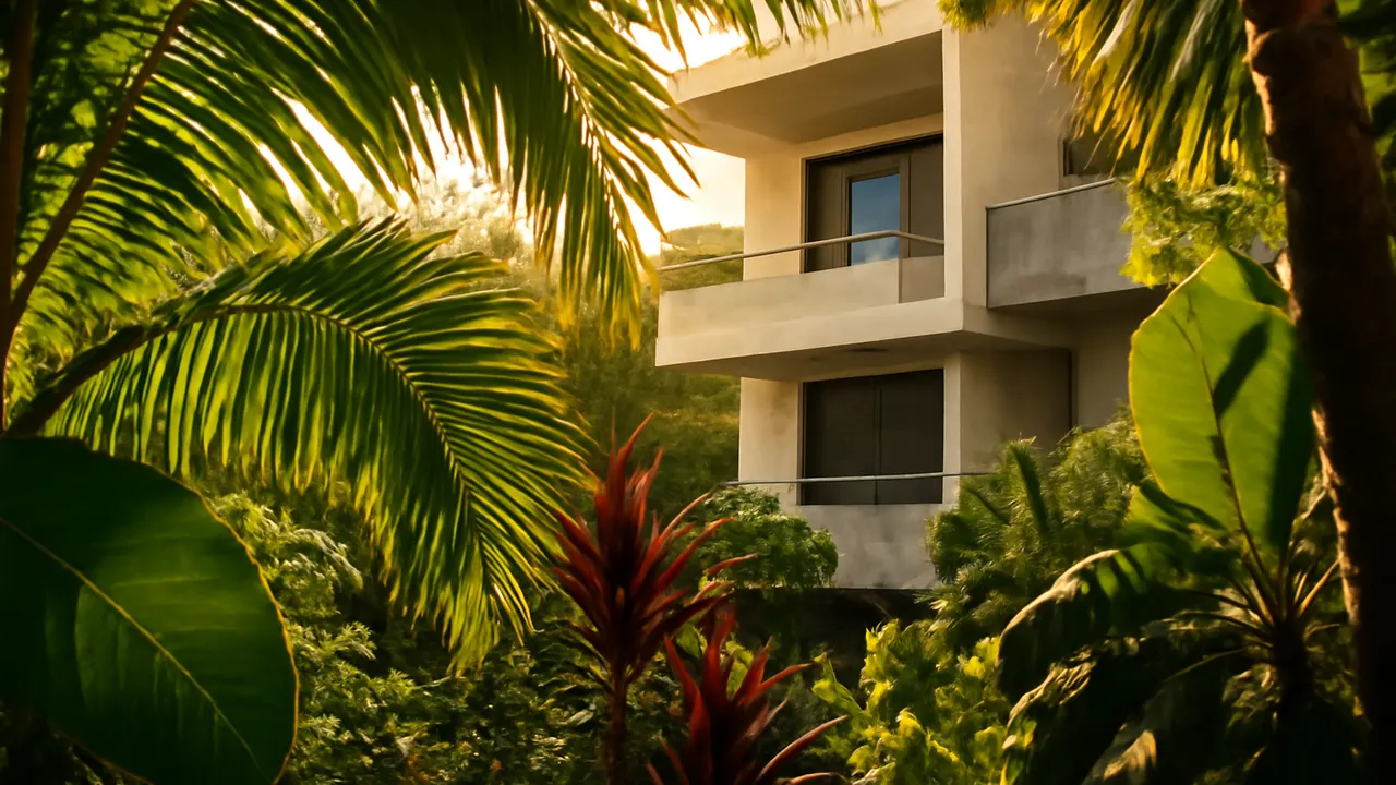Native Caribbean tropical vegetation illuminated by golden sunset light, with luxury residential architecture in cream travertine and exposed concrete in the background