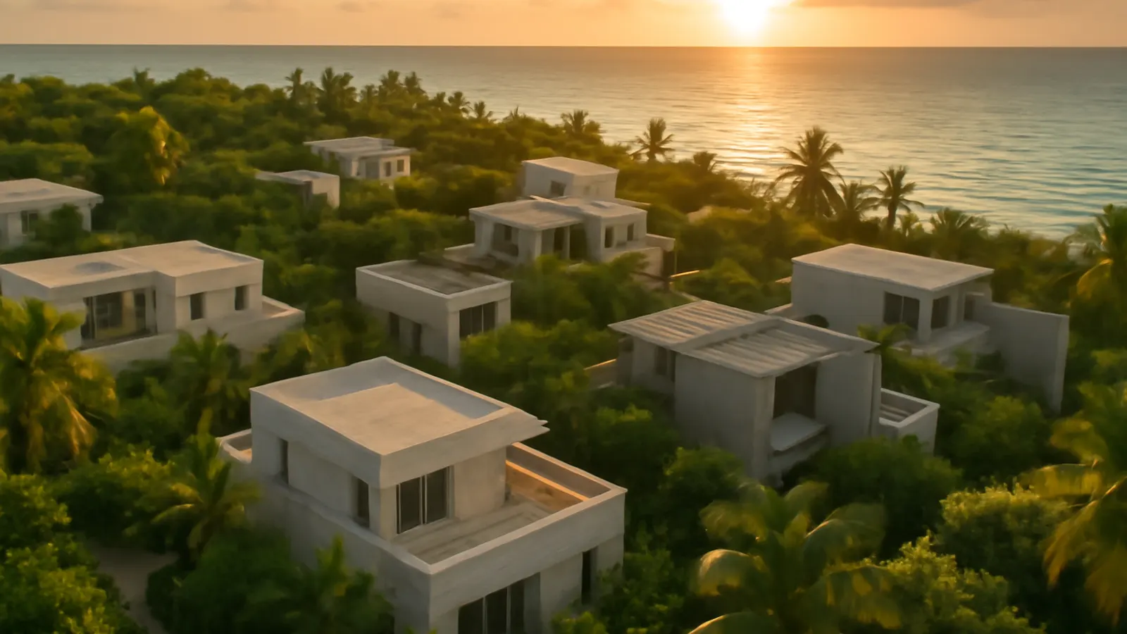 Aerial view of a luxury Caribbean residential area in Cap Cana at sunset, featuring cream travertine and exposed concrete architecture surrounded by native vegetation, highlighting human scale and warm natural light