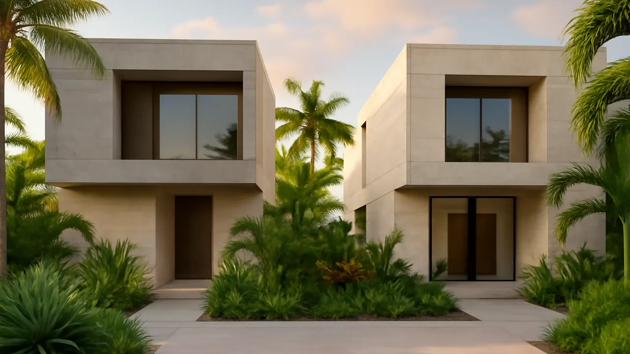 Architectural photograph of luxury Caribbean homes with exposed concrete and cream travertine facades, surrounded by native vegetation at sunset