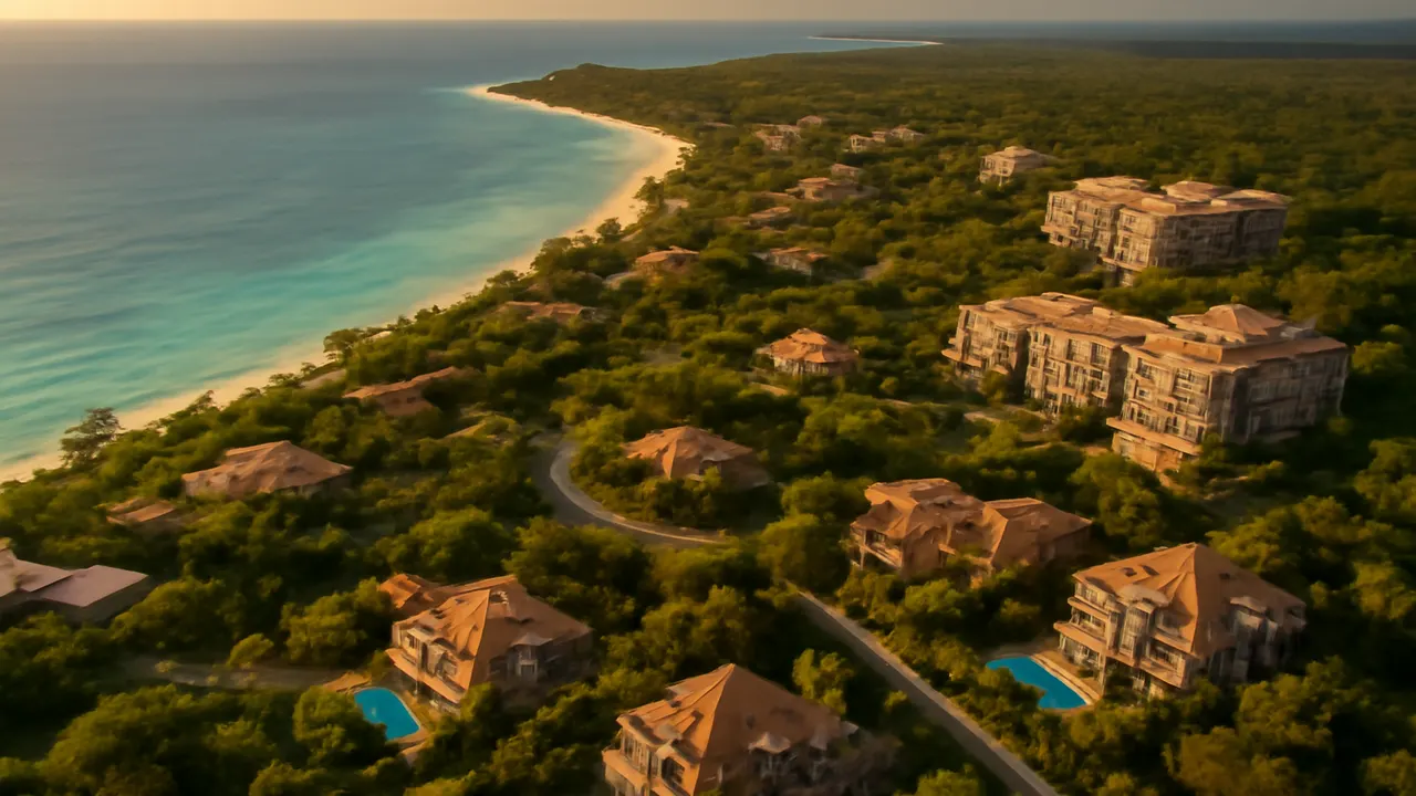Realistic aerial view of a luxury residential area on the Caribbean coast with natural landscaping and warm afternoon light, integrating architecture and environment
