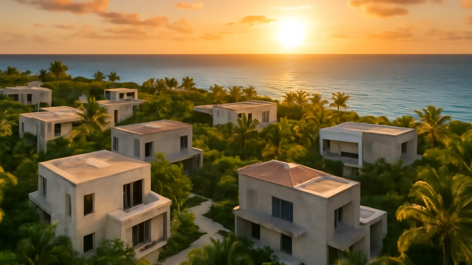 Aerial view of a luxury residential area in the Caribbean with cream travertine and exposed concrete architecture, native vegetation, and warm sunset light in Punta Cana