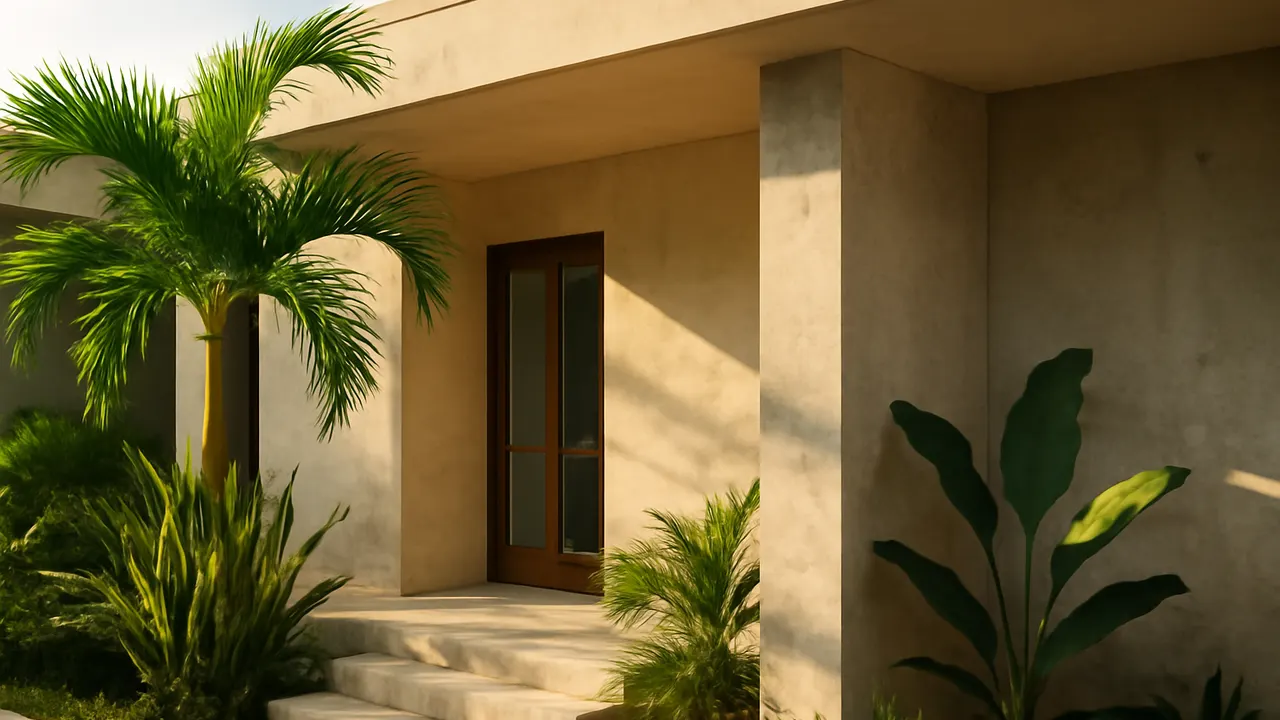 Architectural detail in cream travertine and exposed concrete with native tropical vegetation in Punta Cana, representative image of real estate purchase for foreigners