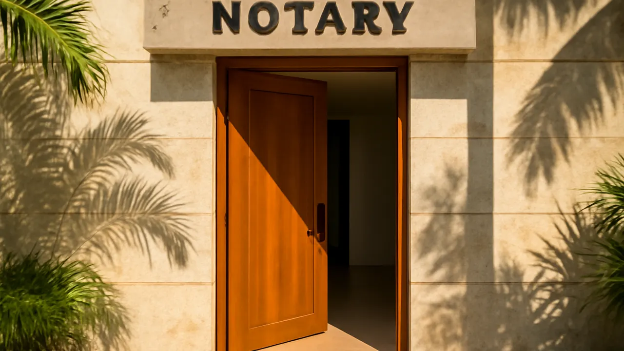 Entrance of a modern notary office with Caribbean style in Punta Cana, with cream travertine and exposed concrete walls, warm natural light and vegetation, illustrating the role of the notary in real estate purchase