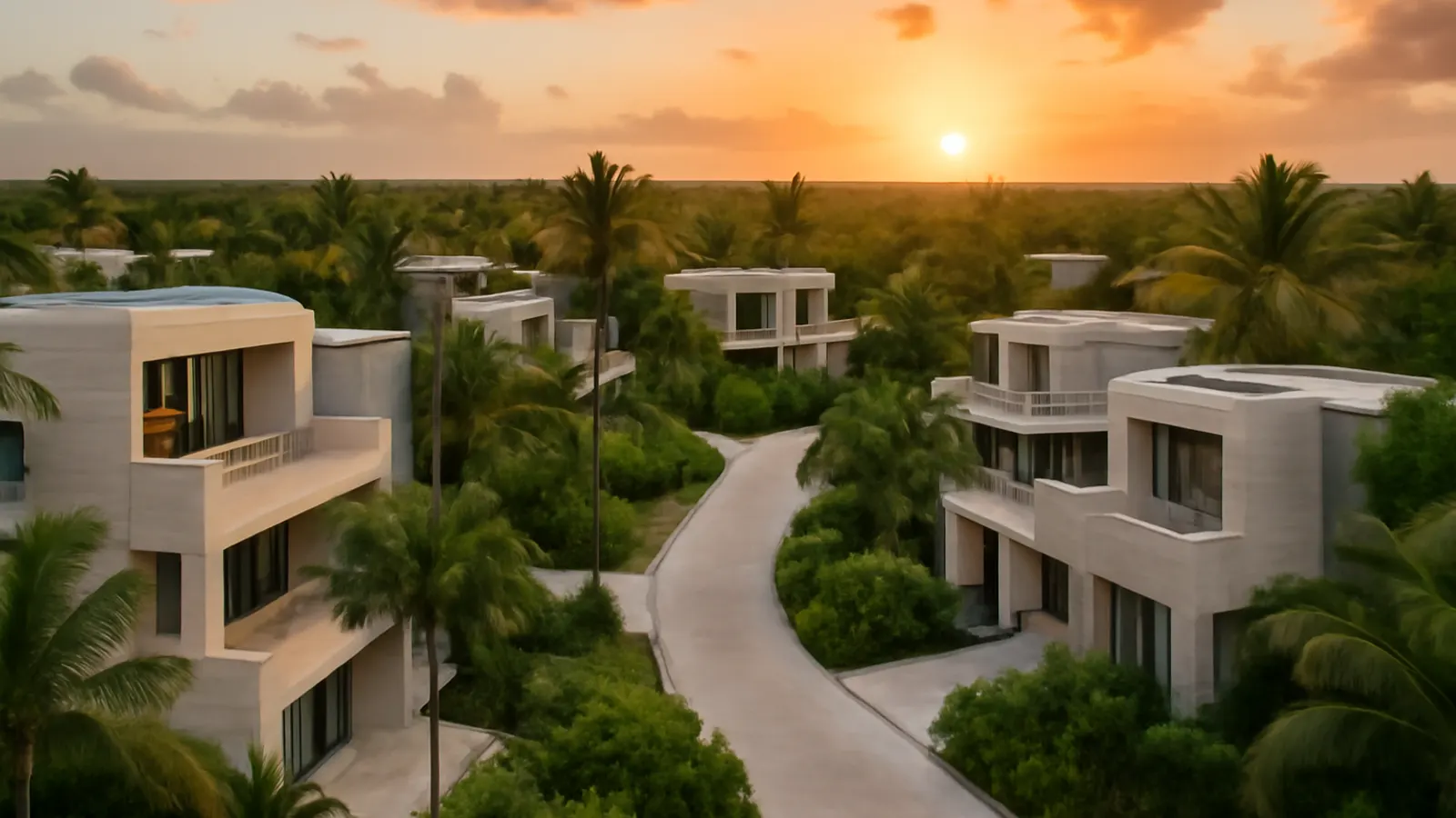 Photorealistic aerial view at sunset of a luxury residential area in Punta Cana with cream travertine and exposed concrete architecture, native vegetation, and warm natural light