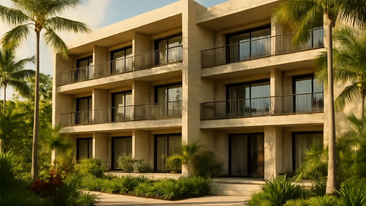 Facade of a luxury hotel in the Dominican Republic with native vegetation and warm light, illustrating the impact of air connectivity on hotel occupancy