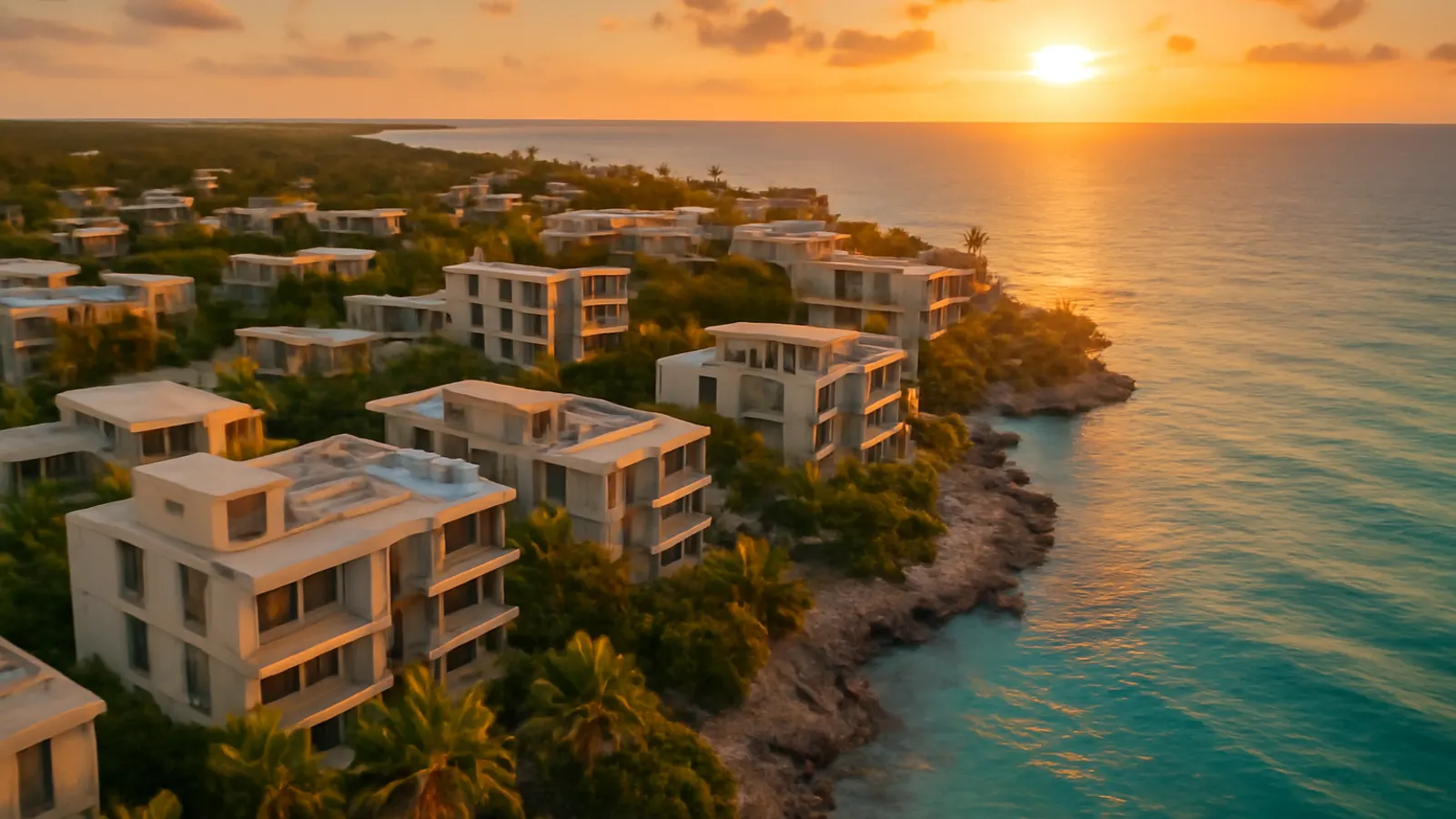 Aerial sunset view of a luxury residential area in Punta Cana with Caribbean architecture, native vegetation, warm light, air connectivity and tourism