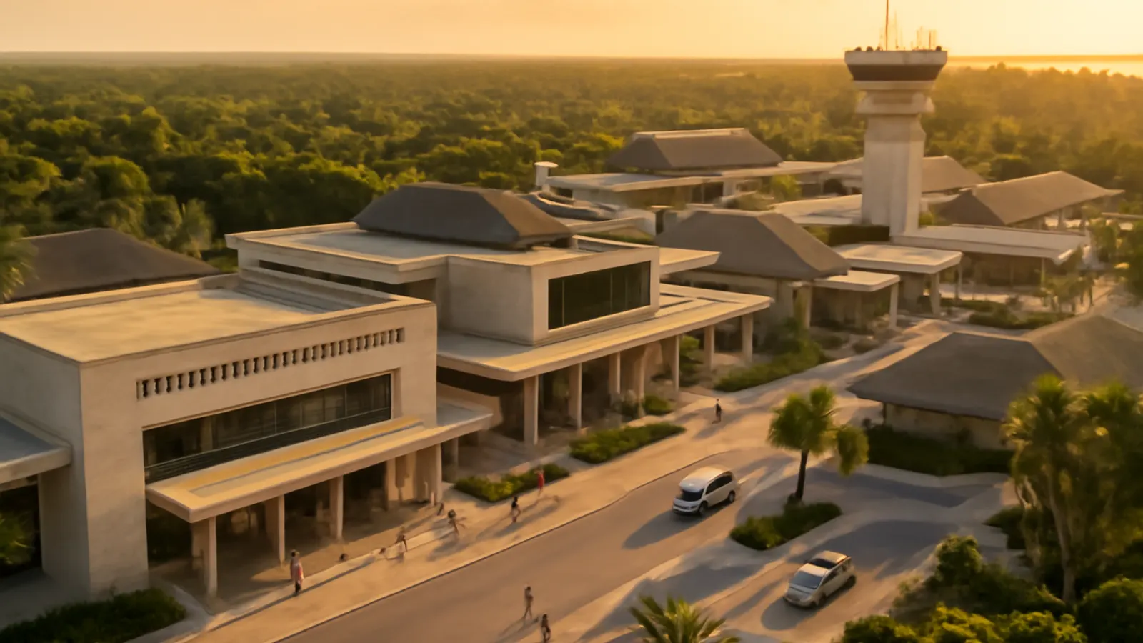 Aerial view of Punta Cana International Airport at sunset with native vegetation and modern cream-toned and exposed concrete architecture