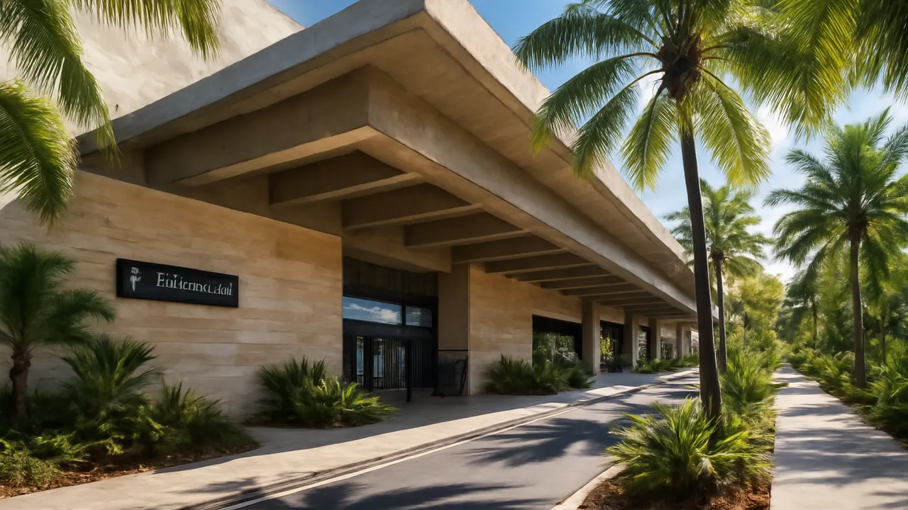 Modern terminal of Punta Cana airport with tropical vegetation and travertine and exposed concrete design