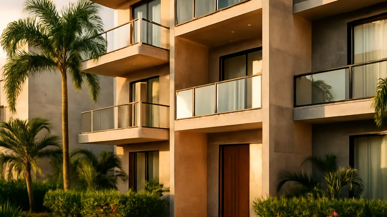 Facade of luxury residential building in Punta Cana with travertine and exposed concrete details under sunset light