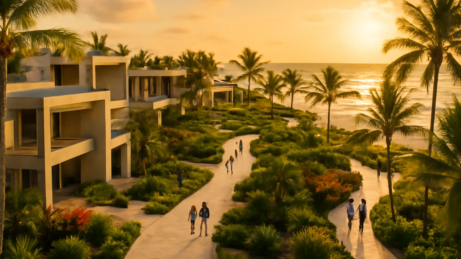 Aerial sunset view of a luxury residential area in Punta Cana with native vegetation and cream travertine and exposed concrete architecture