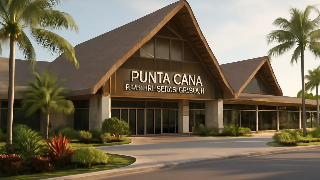 Punta Cana international airport terminal with modern architecture and tropical landscaping, soft afternoon light