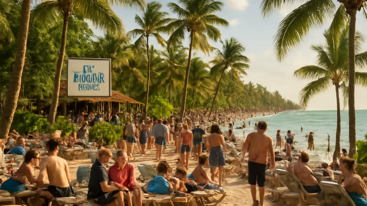 Tourist area in Punta Cana with high occupancy, tourists and natural vegetation under warm light