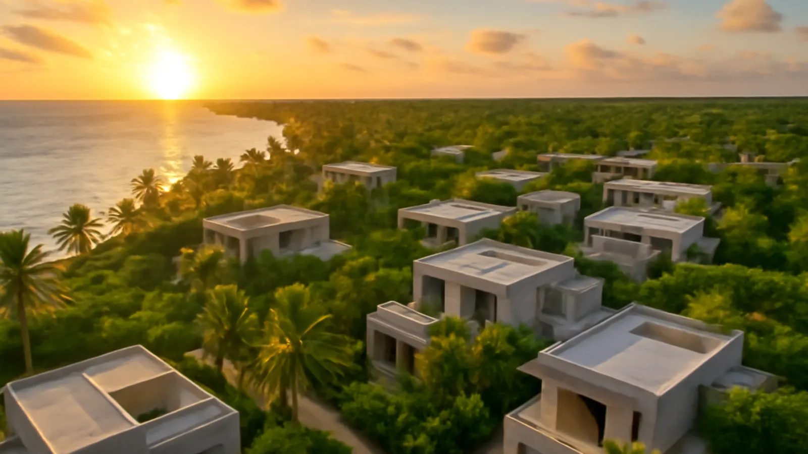Aerial sunset view of luxury residential area in Punta Cana with cream travertine and exposed concrete architecture, surrounded by native vegetation