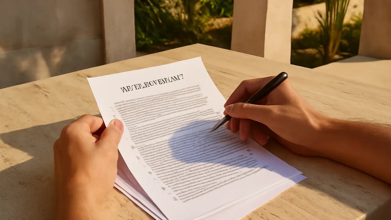 Hands reviewing legal documents on a cream travertine table outdoors in Punta Cana, with natural light and Caribbean vegetation in the background, representing the notarial process in real estate purchase