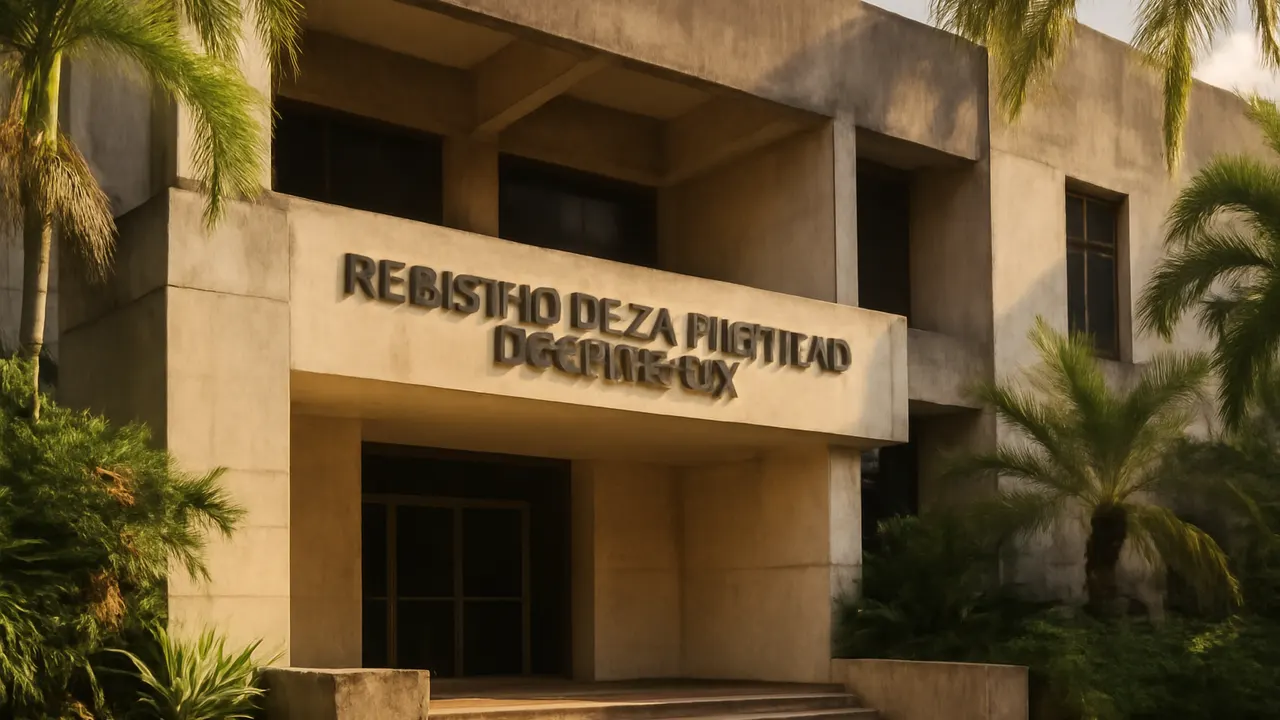 Facade of the property registry office in the Dominican Republic with architectural elements in exposed concrete and cream travertine, surrounded by native vegetation under soft afternoon light
