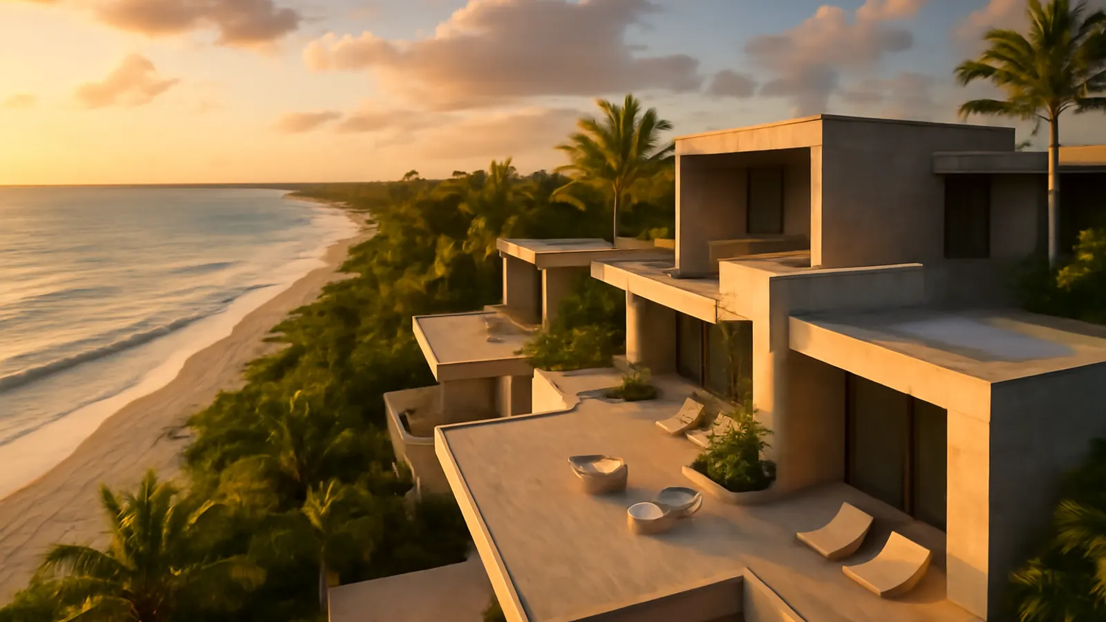 Photorealistic aerial view of luxury real estate properties in Punta Cana at sunset, featuring cream travertine terraces, exposed concrete details, and native vegetation, emphasizing human scale and sophisticated design