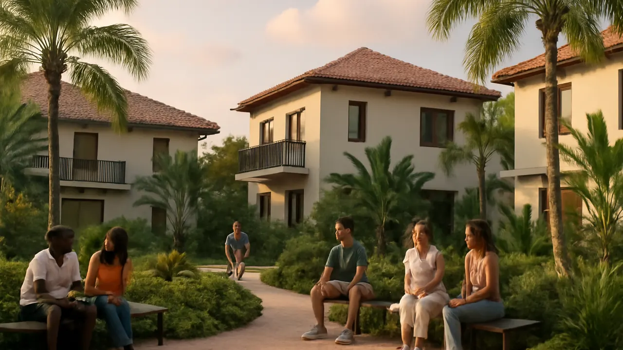 People enjoying an outdoor community space with native vegetation and modern Caribbean architecture in Punta Cana at sunset