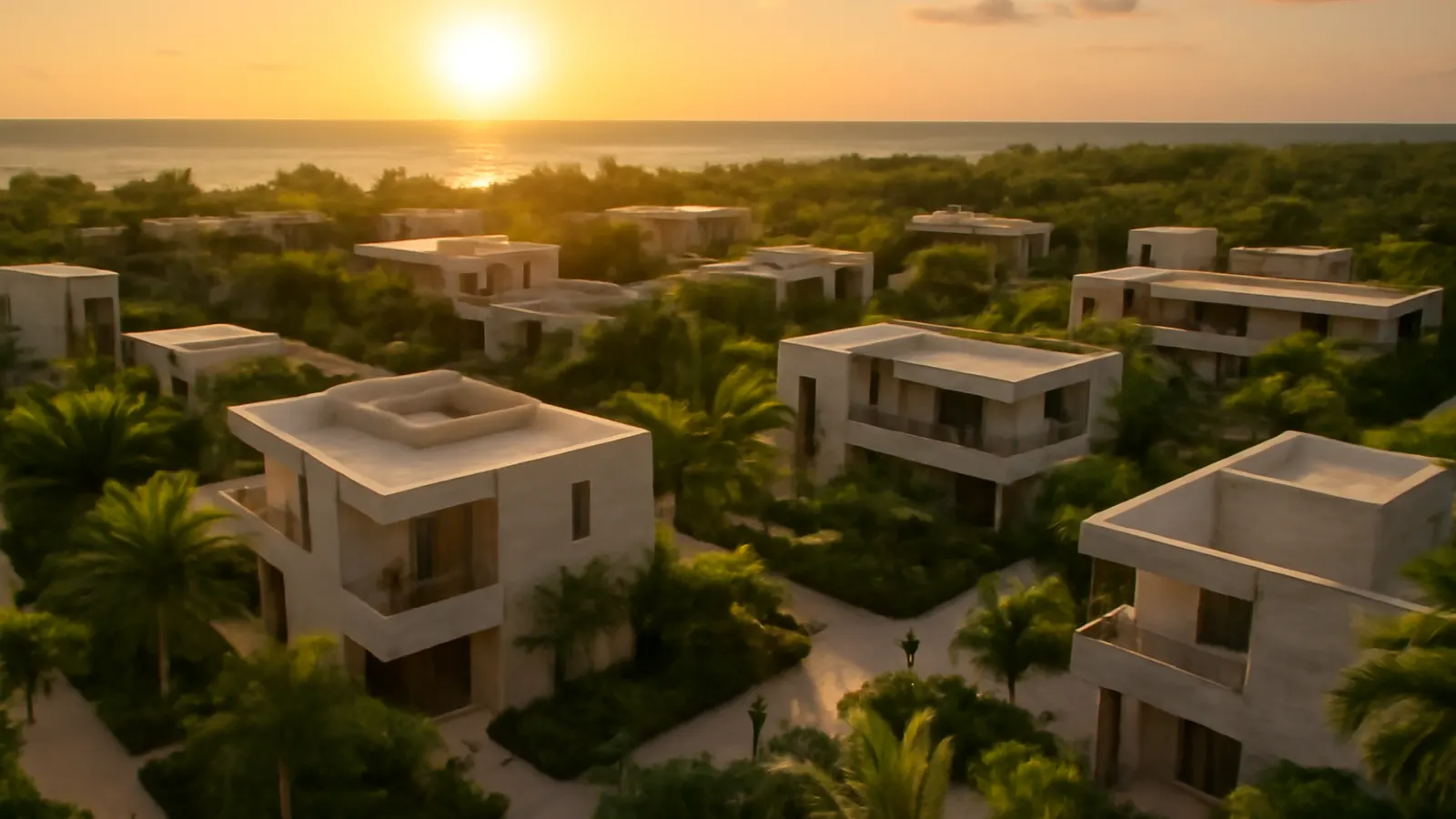 Aerial sunset view of a luxury Caribbean community in Punta Cana with cream travertine architecture and exposed concrete, native vegetation, and subtle human presence