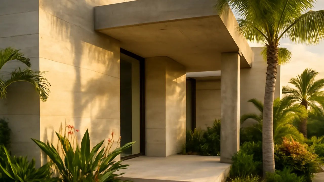 Photorealistic architectural detail of a luxury residence in Punta Cana with cream travertine surfaces, exposed concrete, and native tropical vegetation under sunset light