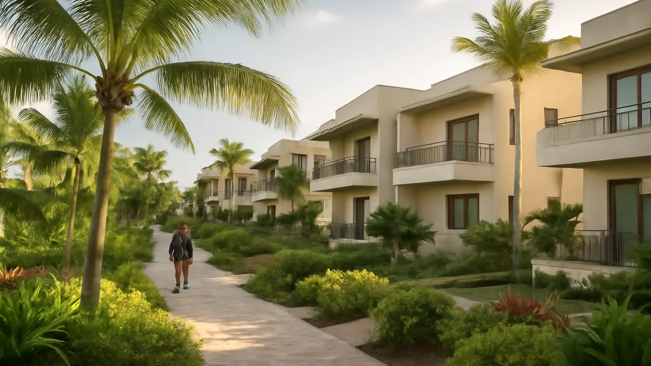 Street-level view of a community in Punta Cana with pedestrian paths, native vegetation, and low-rise luxury residences in cream tones and concrete