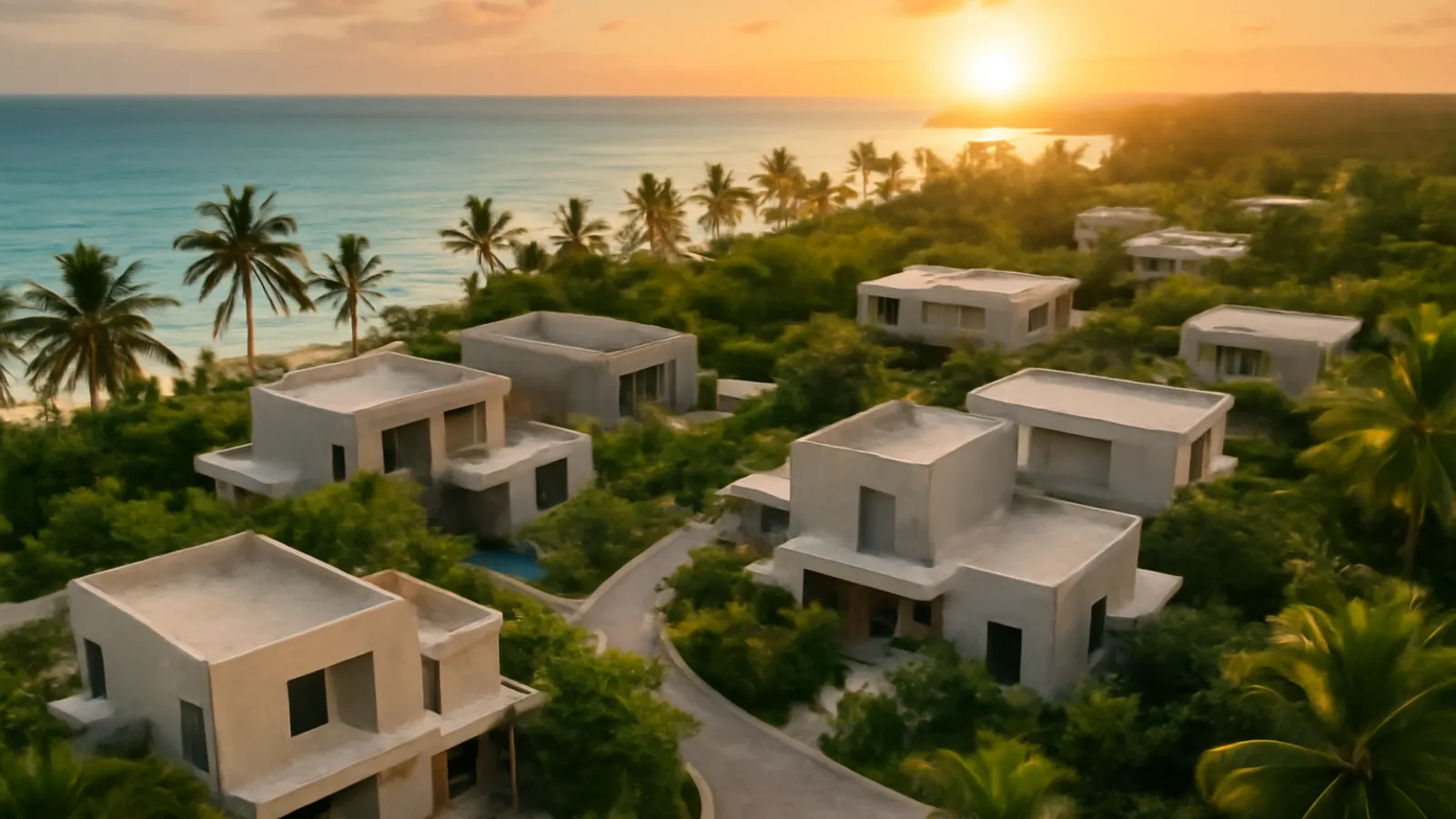 Photorealistic aerial sunset view of a luxury residential area in Punta Cana featuring cream travertine and exposed concrete architecture, native vegetation, and warm natural light