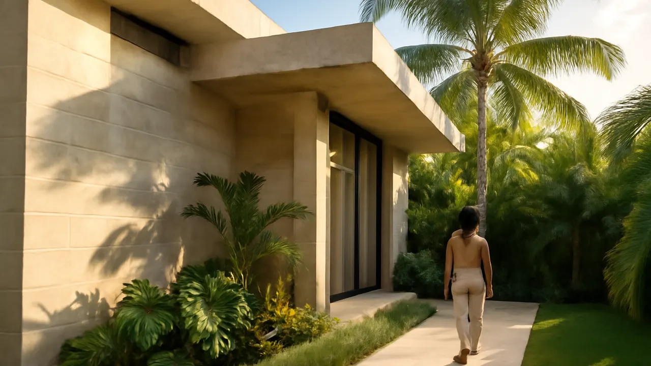 Architectural detail of luxury housing in Punta Cana with cream travertine, exposed concrete, and native vegetation