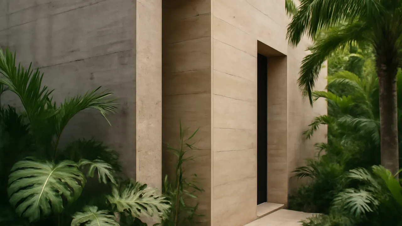 Close-up of modern facade in concrete and travertine with tropical vegetation in Punta Cana, soft natural light