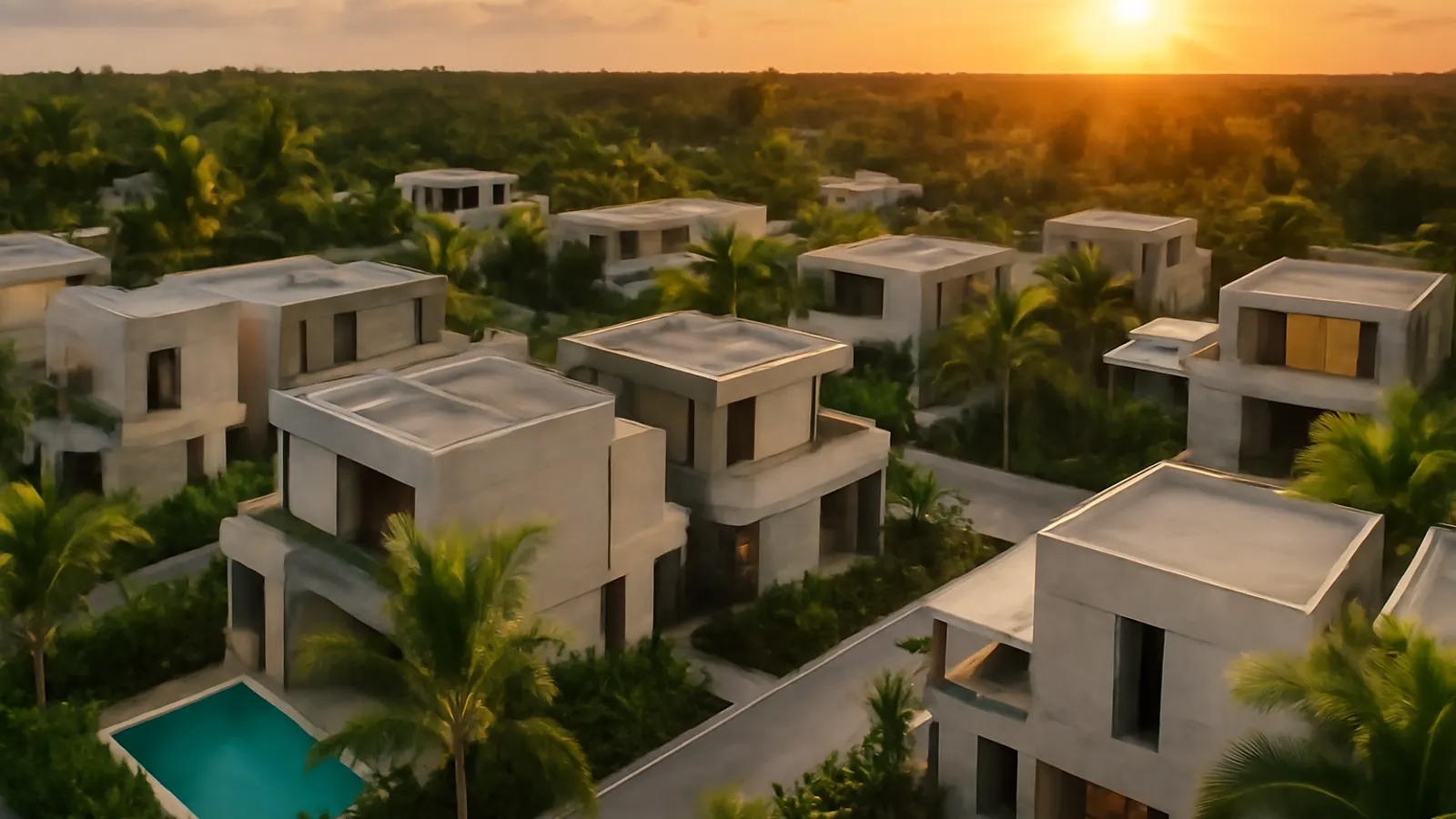 Aerial sunset view of a luxury residential area in Punta Cana with cream travertine facades, exposed concrete, and native vegetation