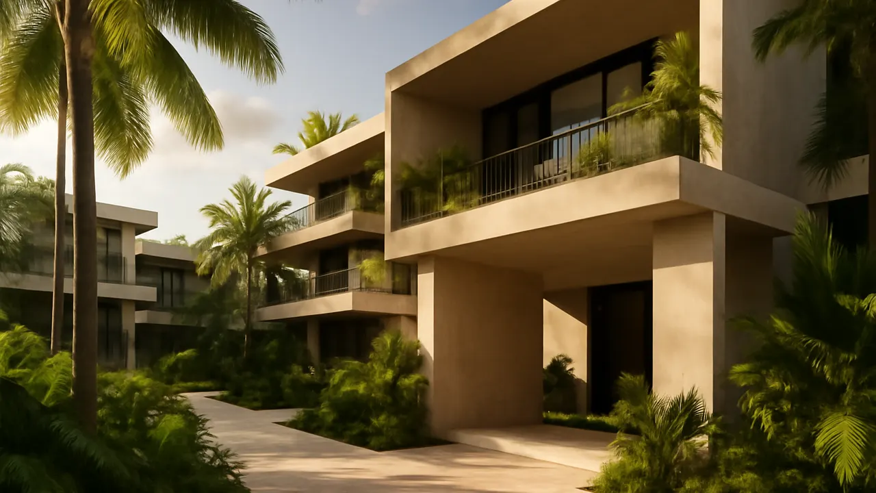 Arquitectura de resort de lujo en Punta Cana con hormigón visto y travertino crema, integrada con vegetación autóctona en luz de la tarde