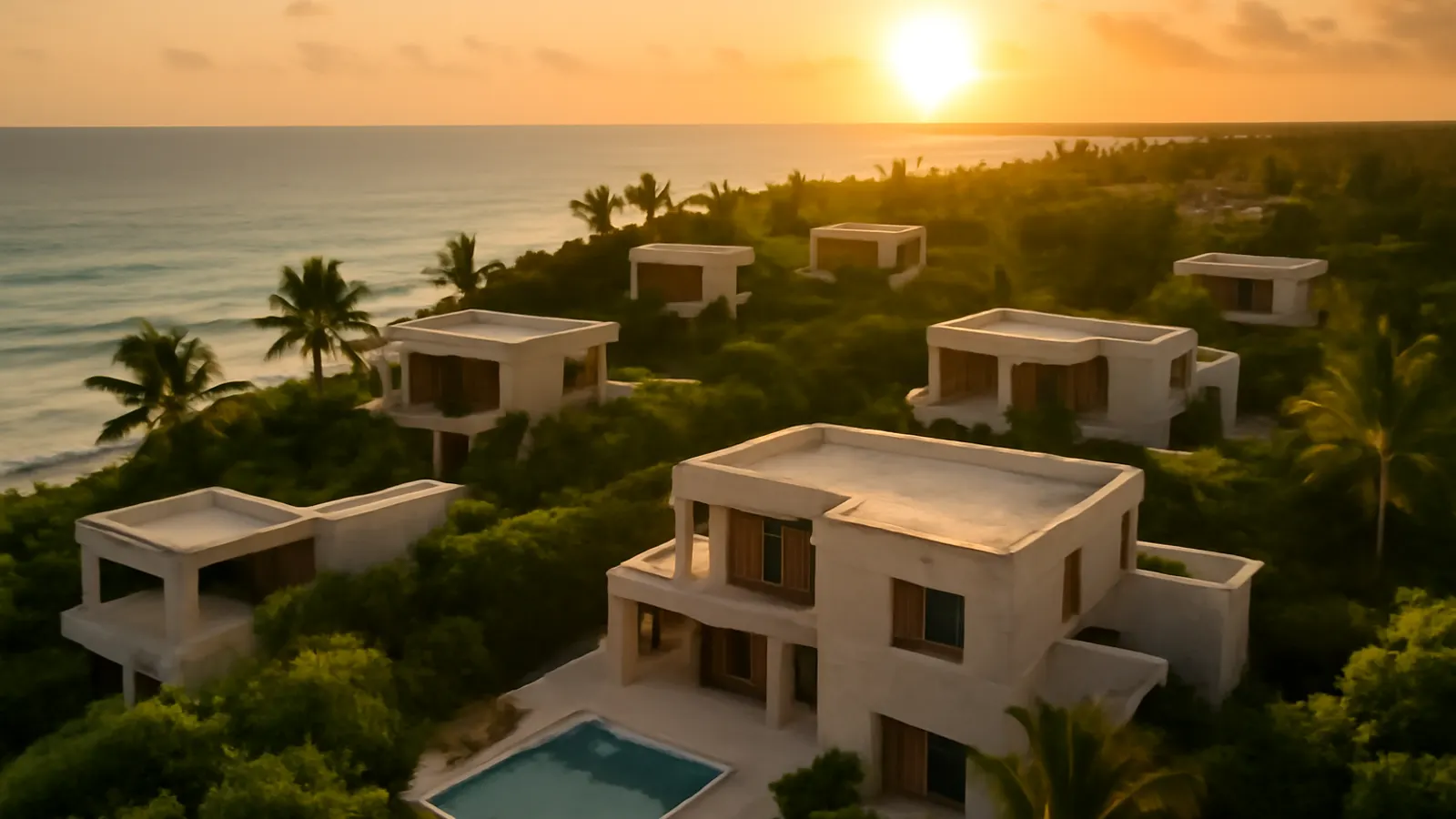 Aerial view of luxury real estate properties in Punta Cana at sunset, featuring cream travertine architecture and exposed concrete surrounded by native vegetation