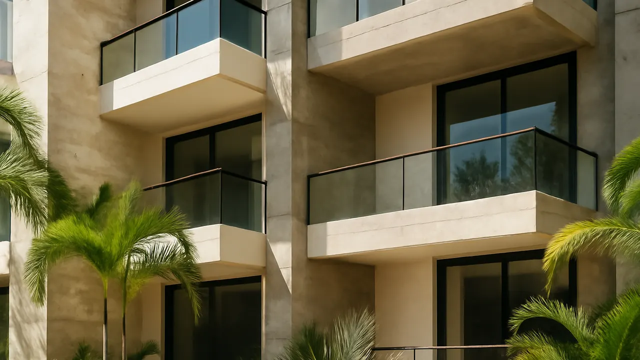 Architectural detail of luxury residential facade in Punta Cana with cream travertine and exposed concrete, surrounded by native vegetation
