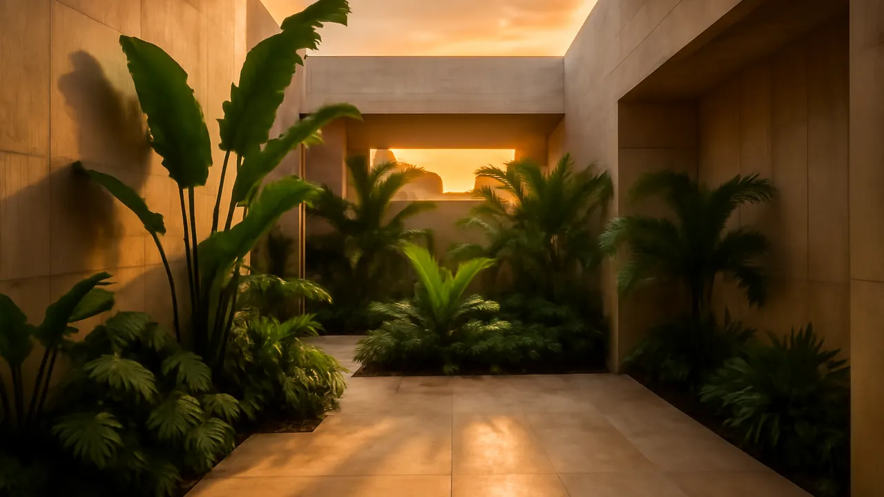 Interior courtyard lit by natural light with exposed concrete walls and cream travertine floor, surrounded by native vegetation in Punta Cana