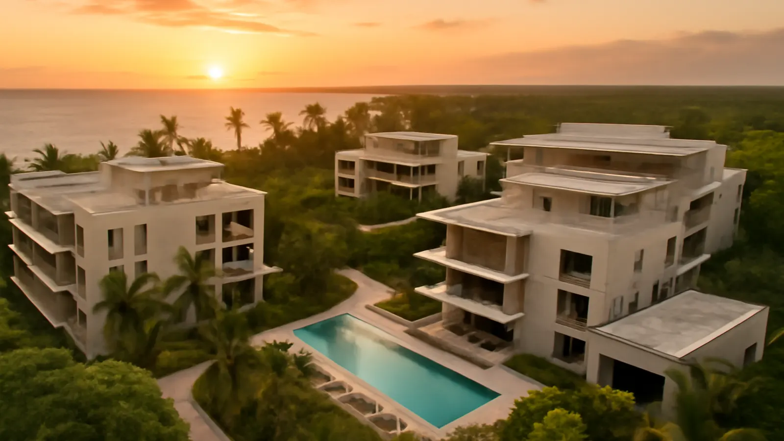 Aerial sunset view of a luxury Caribbean real estate development in Punta Cana featuring cream travertine and exposed concrete architecture, surrounded by native vegetation