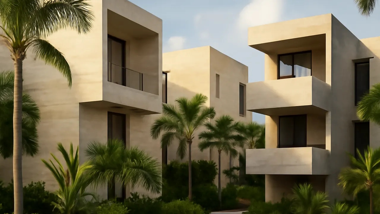 Modern buildings with cream travertine and exposed concrete finishes, integrated with native vegetation in Punta Cana reflecting the economic and tourism context
