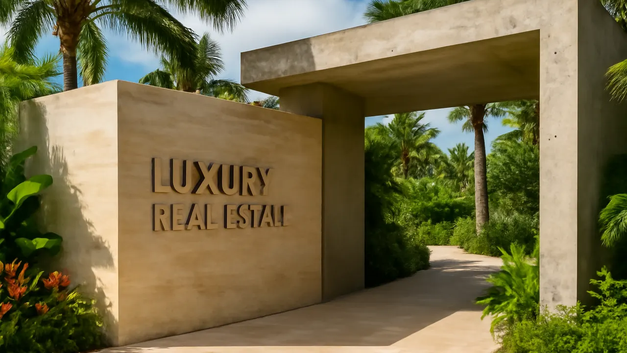 Entrance of a luxury real estate development in Punta Cana with cream travertine and exposed concrete details, surrounded by tropical vegetation, representing the tax framework for investors