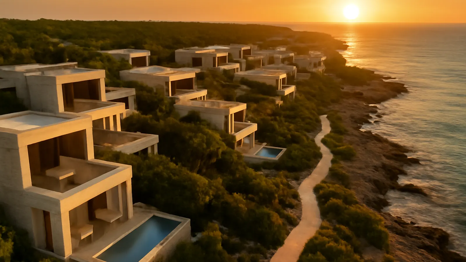 Aerial sunset view of a luxury residential area in Punta Cana with cream travertine and exposed concrete architecture, surrounded by native vegetation, reflecting the Caribbean context and luxury real estate market
