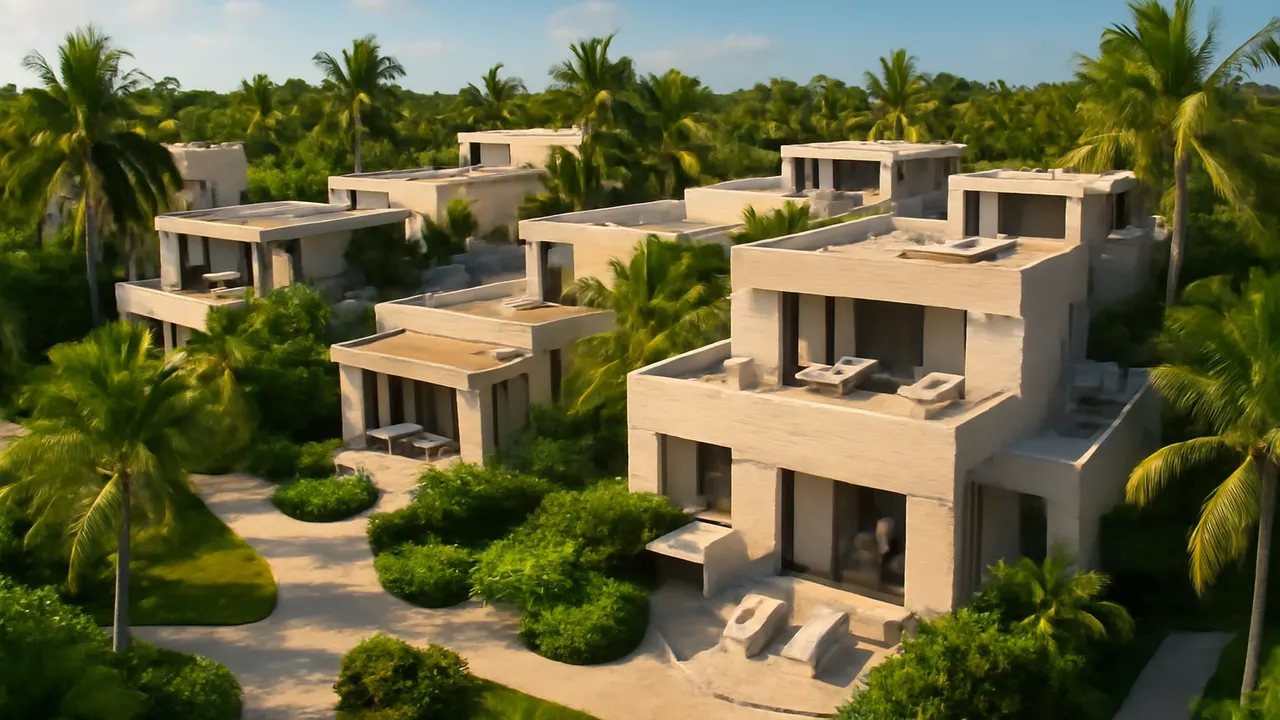 Vista aérea de un conjunto de alojamientos vacacionales de lujo en Punta Cana con arquitectura en travertino crema y vegetación autóctona, representando tendencias de ocupación en alquiler vacacional