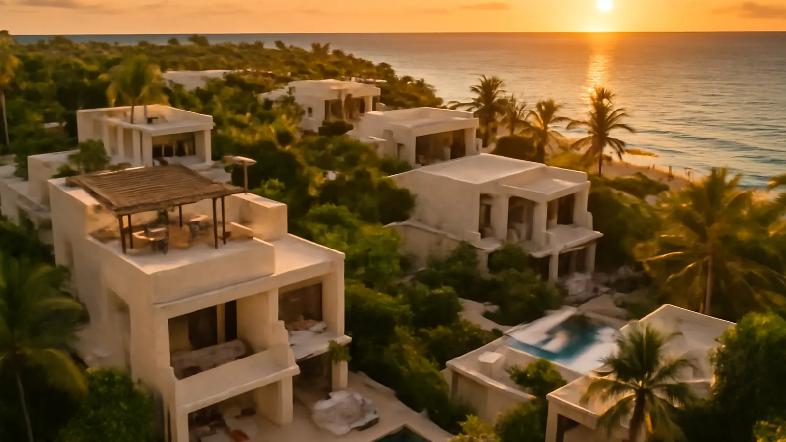 Aerial sunset view of a luxury resort in Punta Cana with cream travertine and exposed concrete architecture, surrounded by native vegetation, image reflecting vacation rental management in Punta Cana